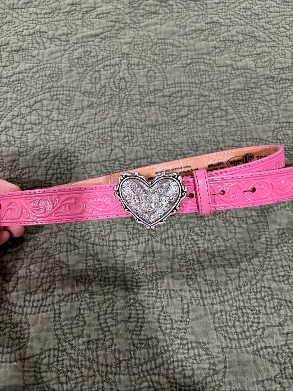 Justin Boots Pink Tooled Leather Kids Belt with Silver Heart Buckle
